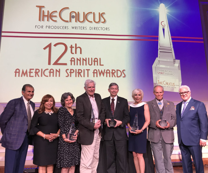 Pictured from left: The Caucus Co-chairs Robert Papazian, Tanya Hart and honorees Jan Krawitz, Richard Colla, Leron Gubler, Nancy Alspaugh-Jackson, John Baca and Executive Producer Vin Di Bona at the 12th Annual American Spirit Awards presented by The Caucus For Producers, Writers & Directors at Taglyan Complex, June 21, 2018. Photo by Marlene Panoyan.