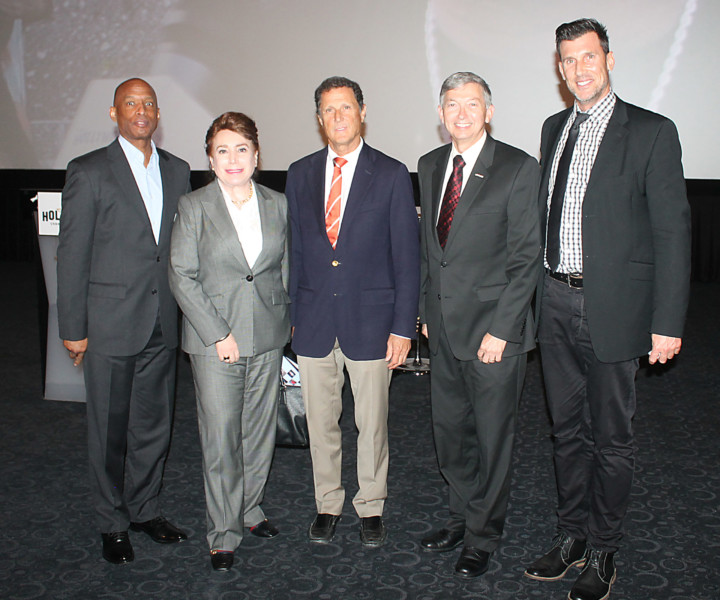Pictured from left: Event Co-chair Marty Shelton, Hollywood Chamber Chair Donelle Dadigan, J.H. Snyder partner Michael Wise, Hollywood Chamber President & CEO Leron Gubler, Co-chair Timothy Grubbs. Photo by Marlene Panoyan