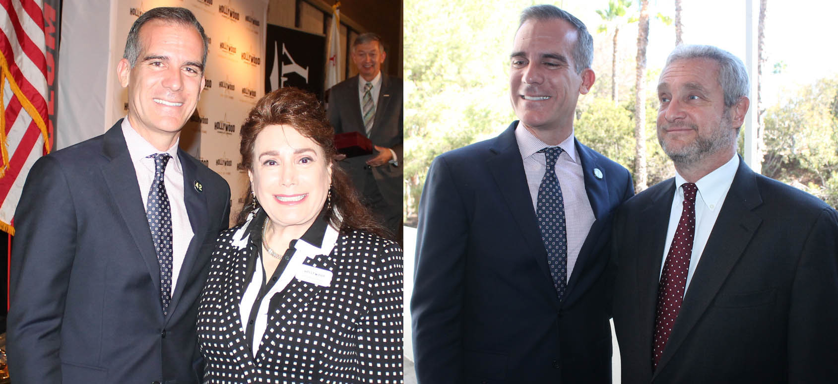Mayor Eric Garcetti with Presenting Sponsor Donelle Dadigan of the Hollywood Museum (left) and Partnering Sponsor David Green of Pantages Theatre - Nederlander West Coast (right).
