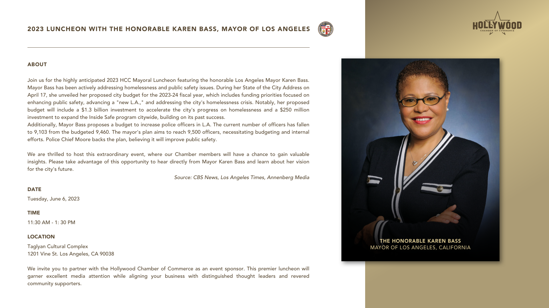 HOLLYWOOD CHAMBER OF COMMERCE Luncheon with Karen Bass